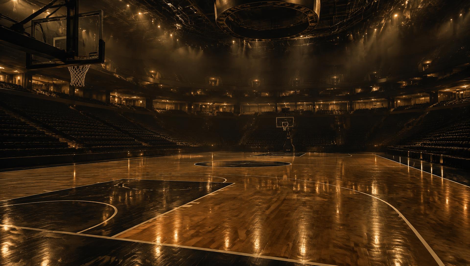 Empty basketball arena at night